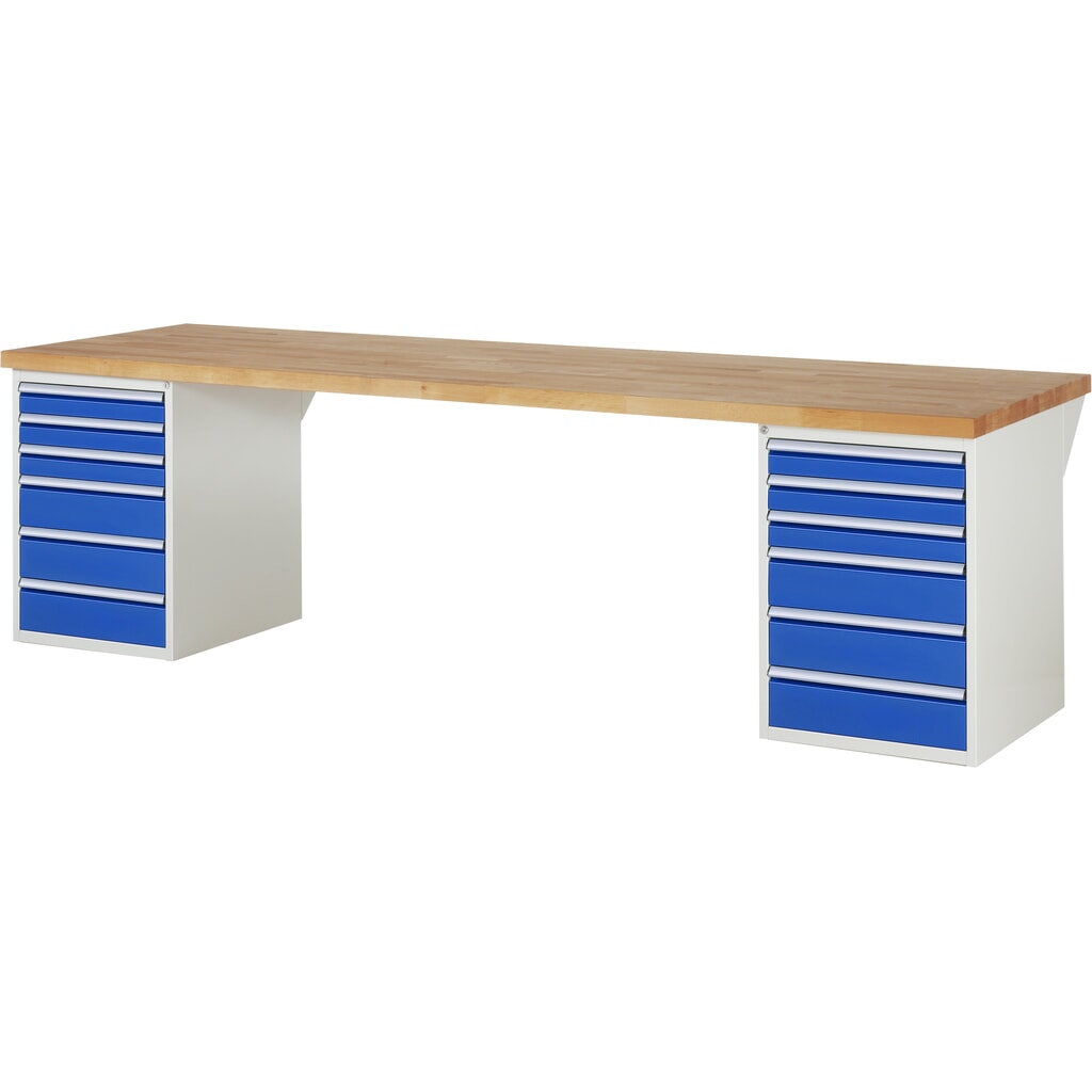 Pracovní stůl RAU, řada 7000, V׊×H 890 × 3000 × 900 mm, 2 spodní kontejnery, každý se 6 zásuvkami Obrázek produktu: Pracovní stůl RAU, řada 7000, V׊×H 890 × 3000 × 900 mm, 2 spodní kontejnery, každý se 6 zásuvkami