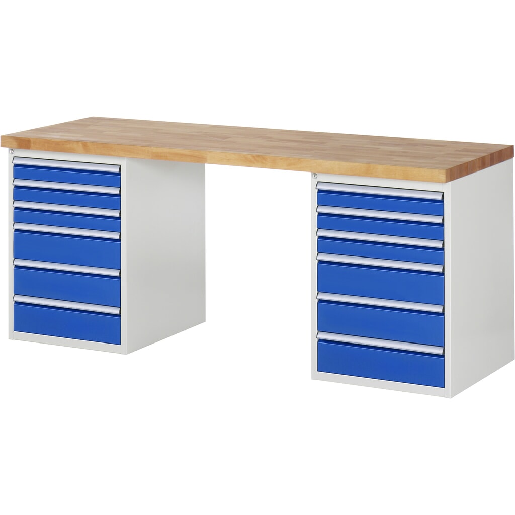 Pracovní stůl RAU, řada 7000, V׊×H 890 × 2000 × 700 mm, 2 spodní kontejnery, každý se 6 zásuvkami Obrázek produktu: Pracovní stůl RAU, řada 7000, V׊×H 890 × 2000 × 700 mm, 2 spodní kontejnery, každý se 6 zásuvkami