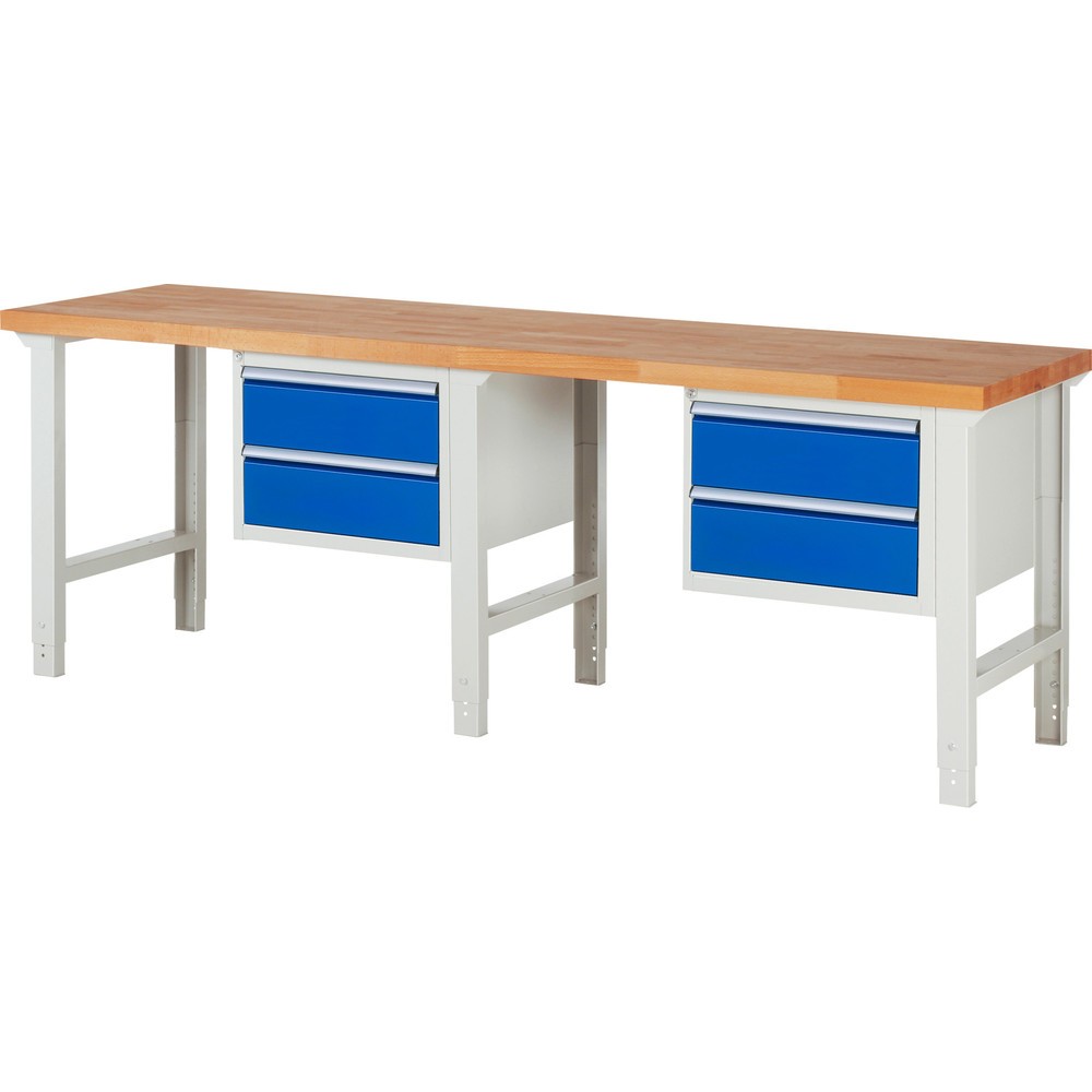 Číslo obrázku produktu 1: Pracovní stůl RAU řada 7000, 2 kontejnery, VxŠxH 790-1140 x 2500 x 700 mm, 4x zásuvka s výsuvem 90 %, 4 x 180 mm