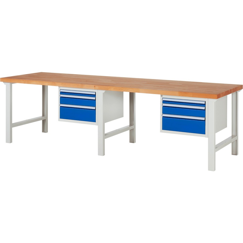 Číslo obrázku produktu 1: Pracovní stůl RAU řada 7000, 2 kontejnery, VxŠxH 840 x 3000 x 900 mm, 6x zásuvka s výsuvem 90 %, 2 x 60 mm, 2 x 120 mm, 2 x 180 mm