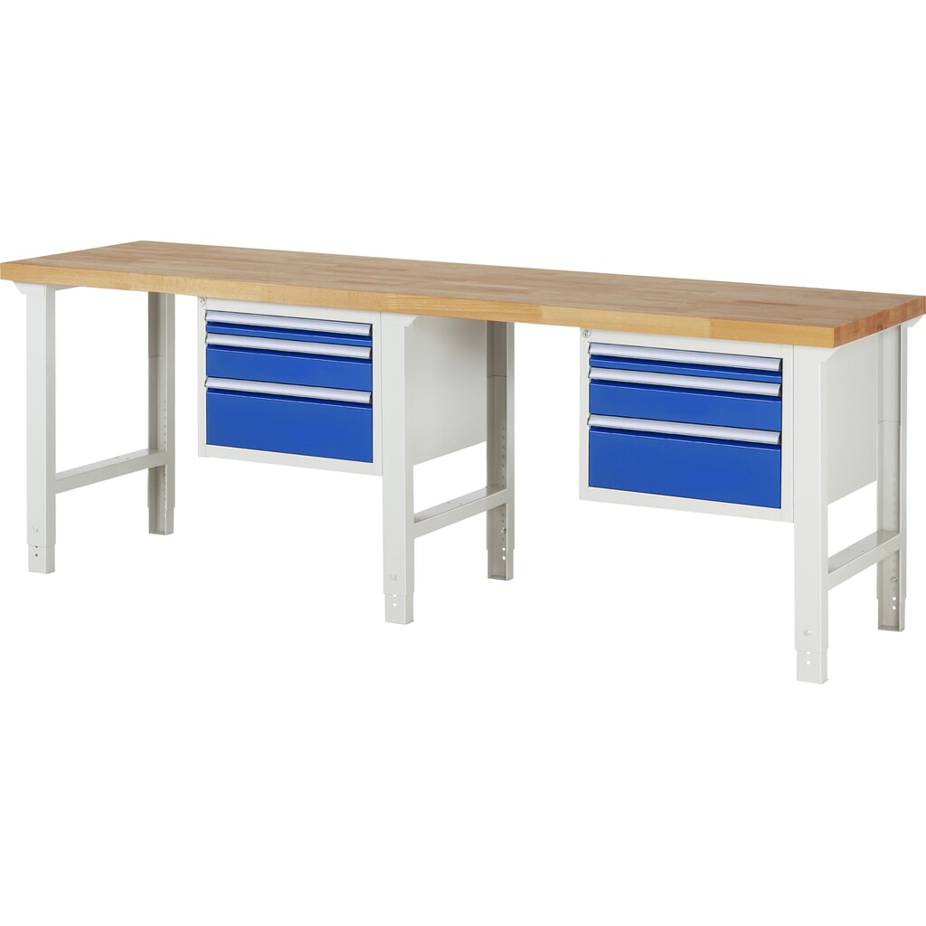 Číslo obrázku produktu 1: Pracovní stůl RAU řada 7000, V×Š×H 790-1140 × 2500 × 700 mm, 2 spodní kontejnery, každý se 3 zásuvkami
