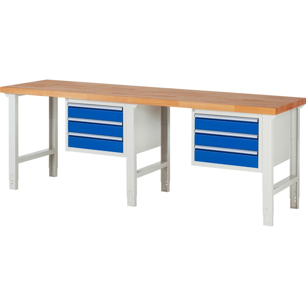 Číslo obrázku produktu 1: Pracovní stůl RAU řada 7000, 2 kontejnery, VxŠxH 790-1140 x 2500 x 700 mm, 6x zásuvka s výsuvem 90 %, 6 x 120 mm
