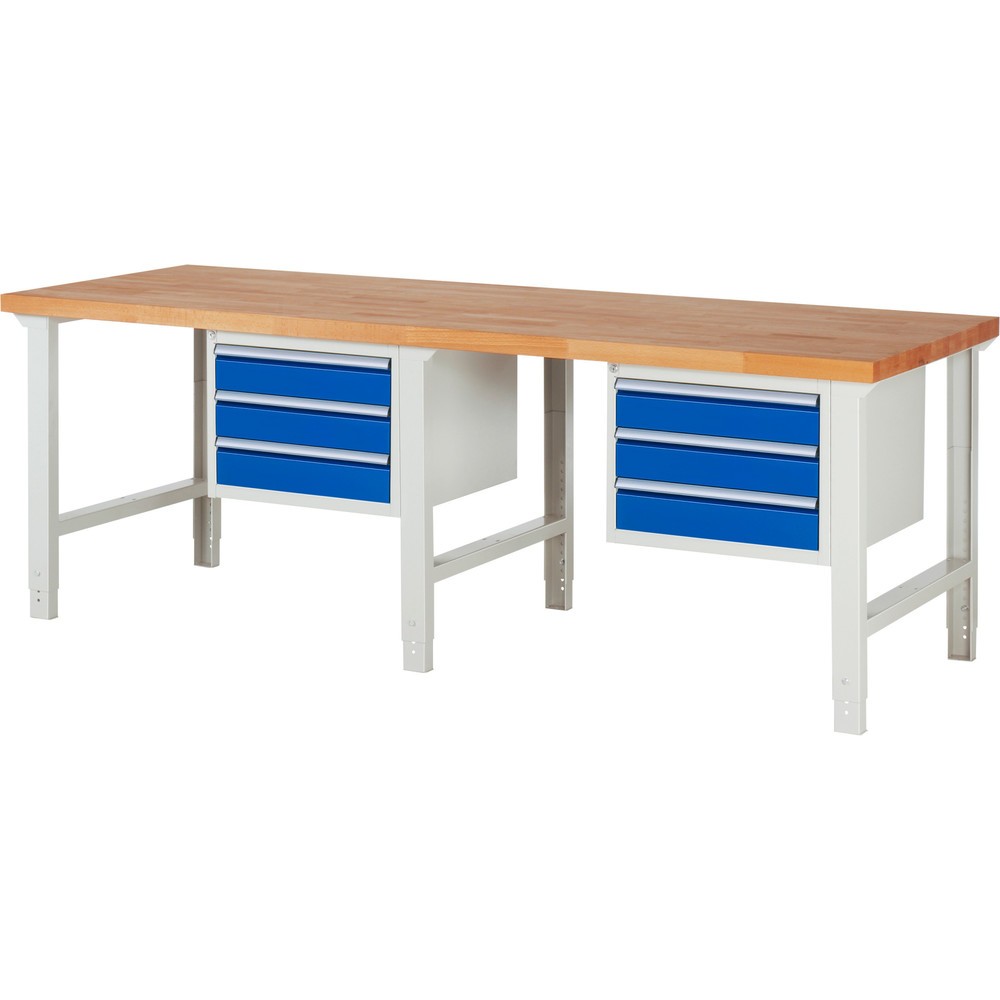 Číslo obrázku produktu 1: Pracovní stůl RAU řada 7000, 2 kontejnery, VxŠxH 790-1140 x 2500 x 900 mm, 6x zásuvka s výsuvem 90 %, 6 x 120 mm