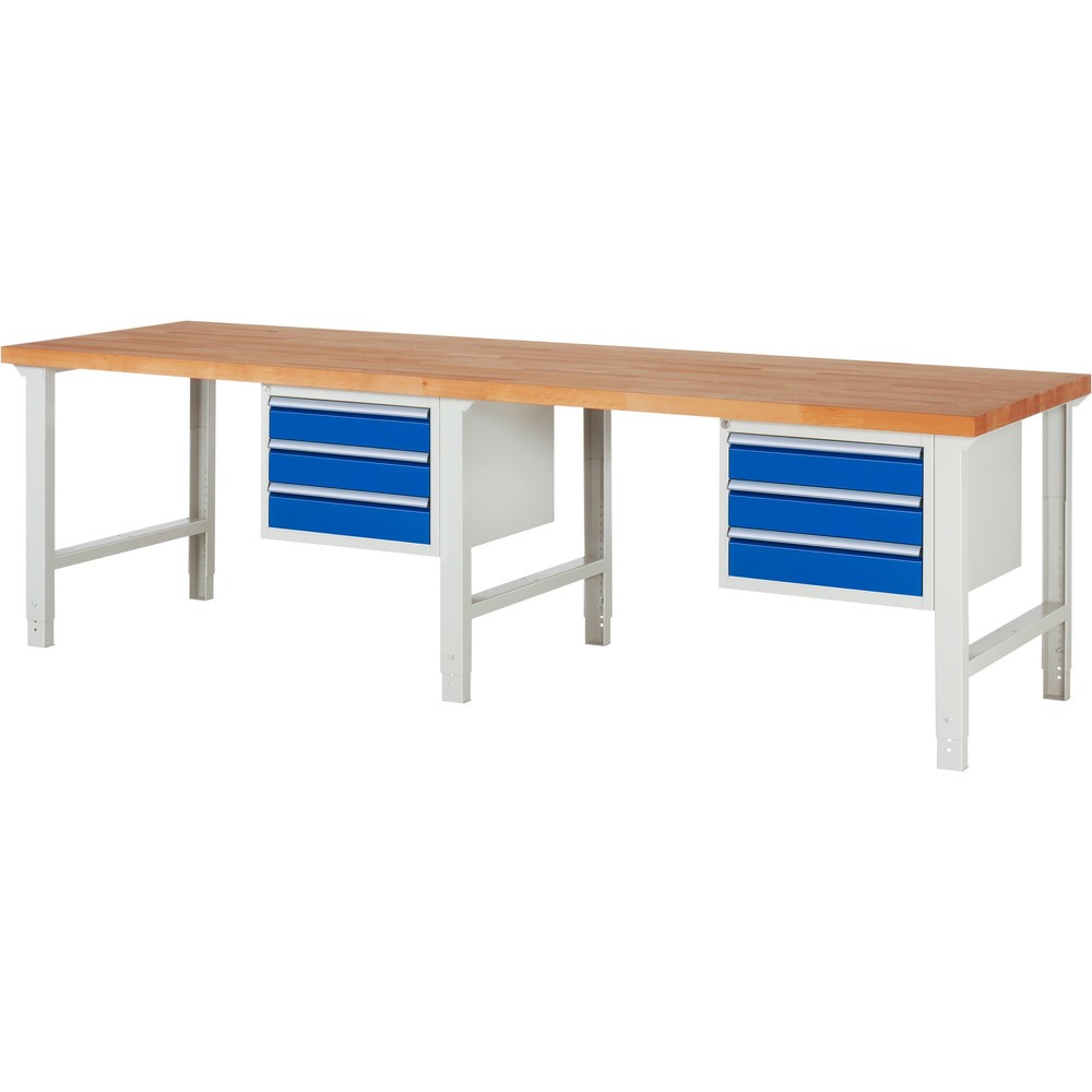 Číslo obrázku produktu 1: Pracovní stůl RAU řada 7000, 2 kontejnery, VxŠxH 790-1140 x 3000 x 900 mm, 6x zásuvka s výsuvem 90 %, 6 x 120 mm