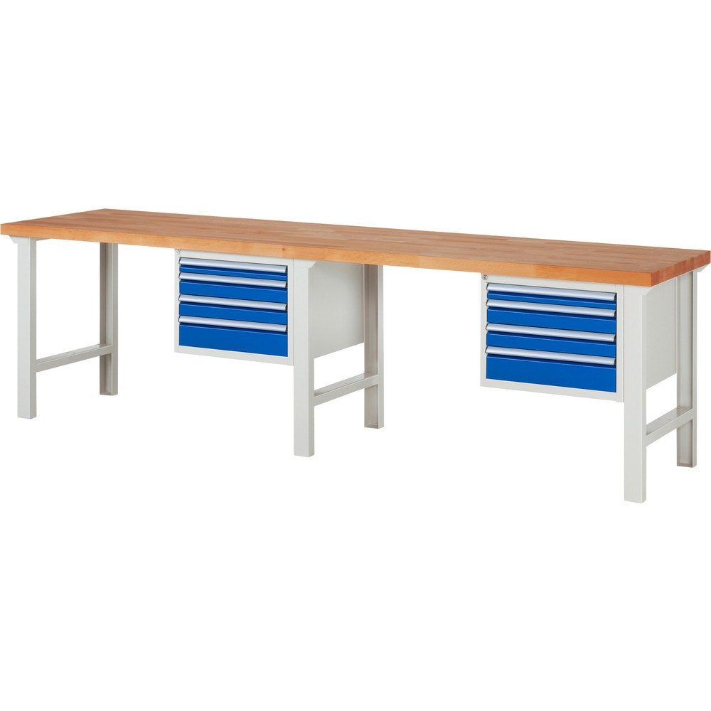 Číslo obrázku produktu 1: Pracovní stůl RAU řada 7000, 2 kontejnery, VxŠxH 840 x 3000 x 700 mm, 8x zásuvka s výsuvem 90 %, 2 x 60 mm, 4 x 90 mm, 2 x 120 mm, nosnost zásuvky 100 kg