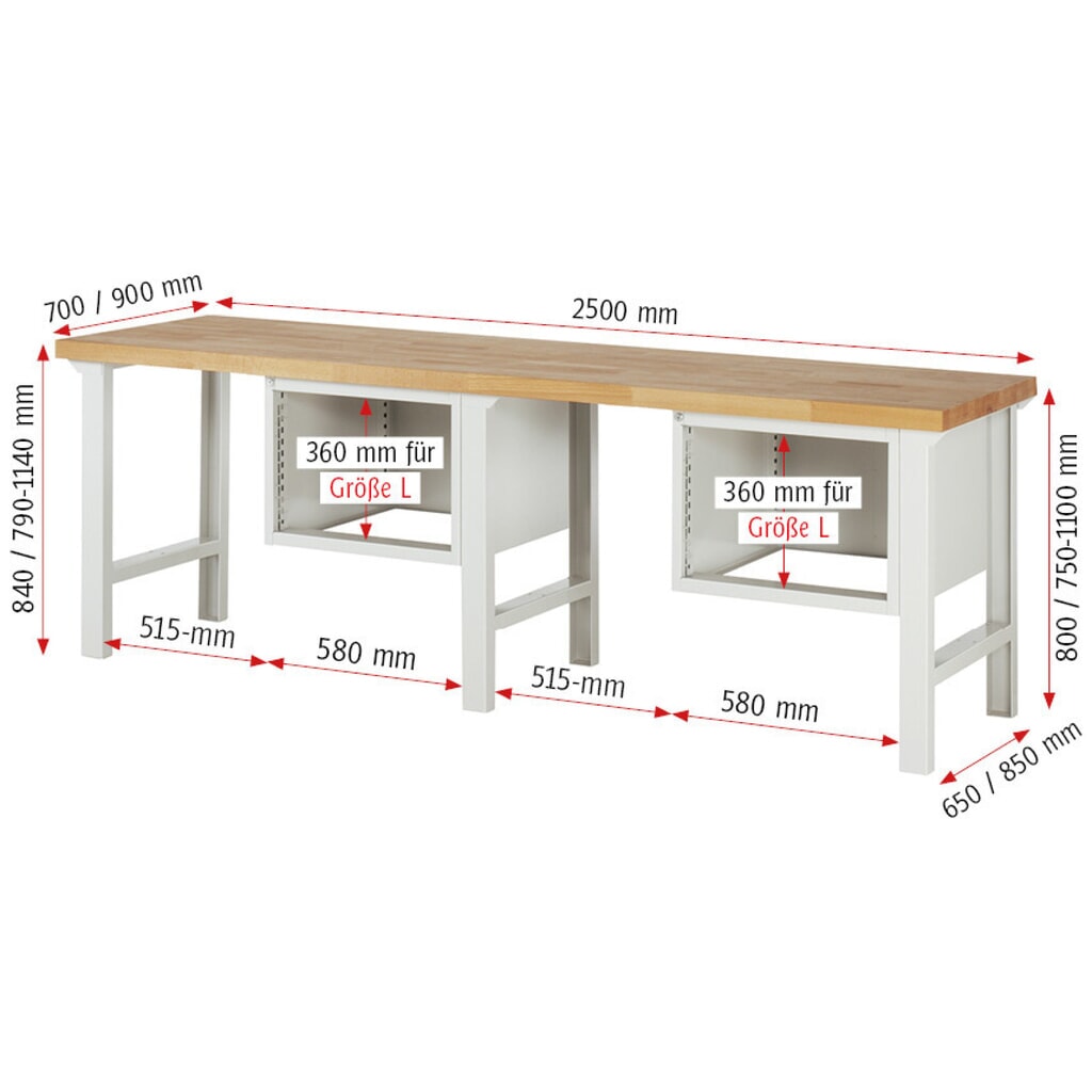 Pracovní stůl RAU řada 7000, 2 kontejnery, VxŠxH 790-1140 x 2500 x 700 mm, 4x zásuvka s výsuvem 90 %, 2 x 150 mm, 2 x 210 mm Číslo obrázku produktu 6: Pracovní stůl RAU řada 7000, 2 kontejnery, VxŠxH 790-1140 x 2500 x 700 mm, 4x zásuvka s výsuvem 90 %, 2 x 150 mm, 2 x 210 mm