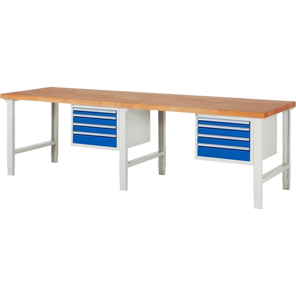 Číslo obrázku produktu 1: Pracovní stůl RAU řada 7000, 2 kontejnery, VxŠxH 790-1140 x 3000 x 900 mm, 8x zásuvka s výsuvem 100 %, 2 x 60 mm, 4 x 90 mm, 2 x 120 mm
