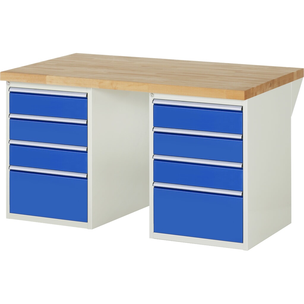 Obrázek produktu: Pracovní stůl RAU, řada 7000, V×Š×H 890 × 1500 × 900 mm, 2 spodní kontejnery, každý se 4 zásuvkami