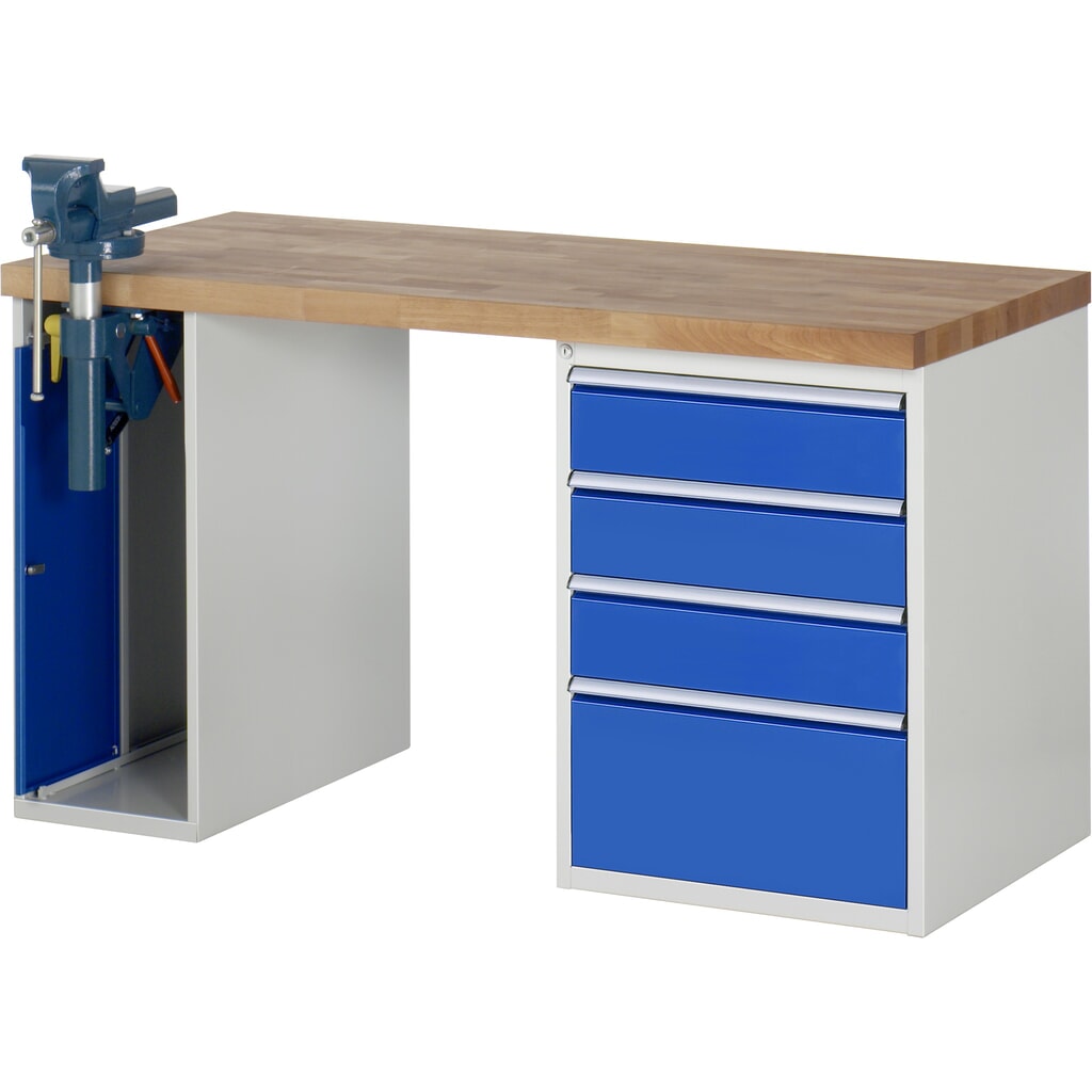 Pracovní stůl RAU, řada 7000, V׊×H 890 × 1500 × 700 mm, 1 spodní kontejner, 4 zásuvky a zapouštěný svěrák Obrázek produktu: Pracovní stůl RAU, řada 7000, V׊×H 890 × 1500 × 700 mm, 1 spodní kontejner, 4 zásuvky a zapouštěný svěrák