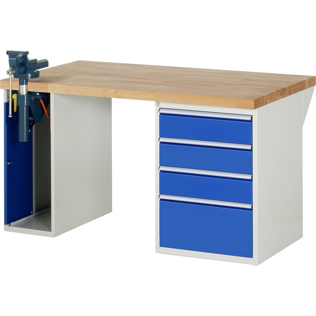 Obrázek produktu: Pracovní stůl RAU řada 7000, 2 kontejnery, VxŠxH 840 x 1500 x 900 mm, 4x zásuvka s výsuvem 100 %, 3 x 150 mm, 1 x 270 mm, nosnost zásuvky 100 kg