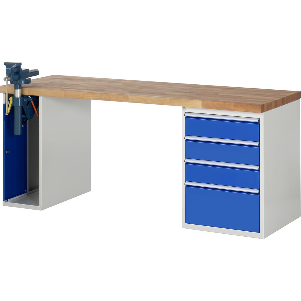 Pracovní stůl RAU, řada 7000, V׊×H 890 × 2000 × 700 mm, 1 spodní kontejner, 4 zásuvky a zapouštěný svěrák Obrázek produktu: Pracovní stůl RAU, řada 7000, V׊×H 890 × 2000 × 700 mm, 1 spodní kontejner, 4 zásuvky a zapouštěný svěrák