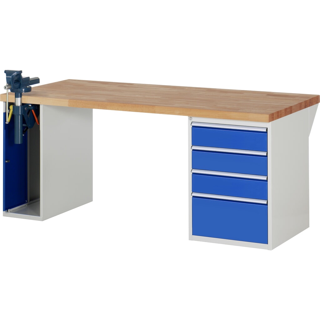 Pracovní stůl RAU, řada 7000, V׊×H 890 × 2000 × 900 mm, 1 spodní kontejner, 4 zásuvky a zapouštěný svěrák Obrázek produktu: Pracovní stůl RAU, řada 7000, V׊×H 890 × 2000 × 900 mm, 1 spodní kontejner, 4 zásuvky a zapouštěný svěrák