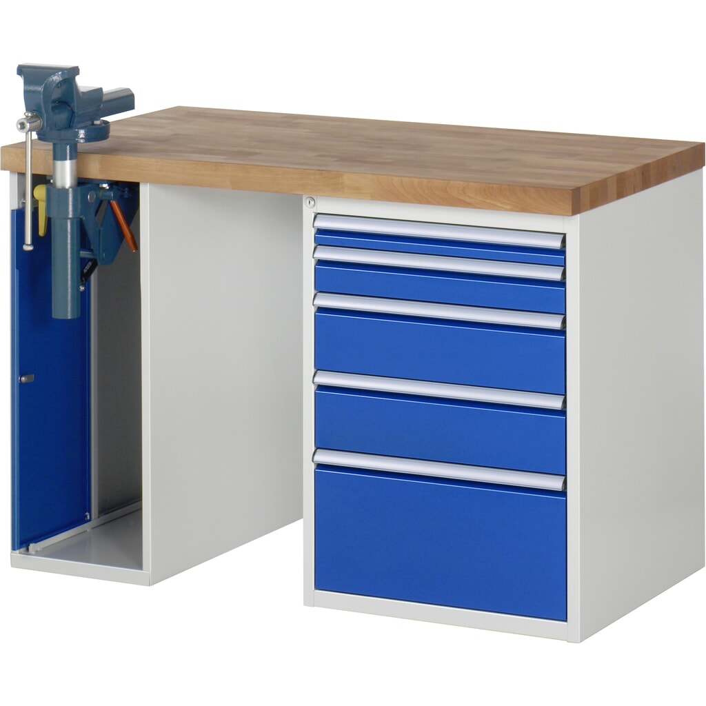 Pracovní stůl RAU, řada 7000, V׊×H 890 × 1250 × 700 mm, 1 spodní kontejner, 5 zásuvek a zapouštěný svěrák Obrázek produktu: Pracovní stůl RAU, řada 7000, V׊×H 890 × 1250 × 700 mm, 1 spodní kontejner, 5 zásuvek a zapouštěný svěrák