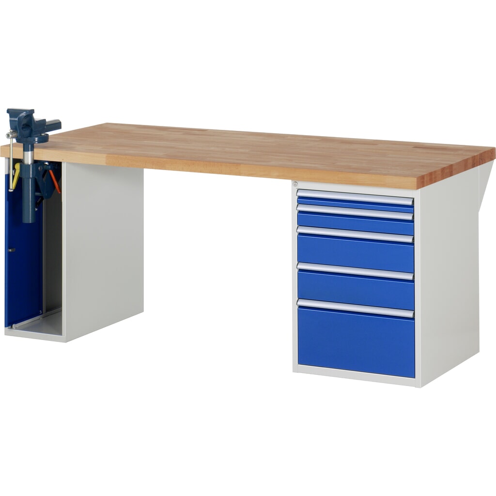 Pracovní stůl RAU, řada 7000, V׊×H 890 × 2000 × 900 mm, 1 spodní kontejner, 5 zásuvek a zapouštěný svěrák Obrázek produktu: Pracovní stůl RAU, řada 7000, V׊×H 890 × 2000 × 900 mm, 1 spodní kontejner, 5 zásuvek a zapouštěný svěrák
