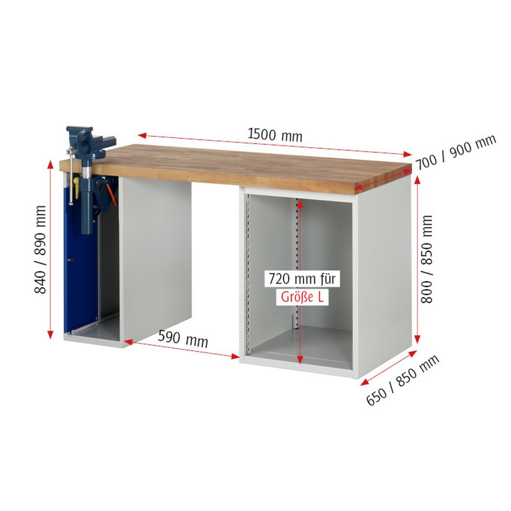 Číslo obrázku produktu 6: Pracovní stůl RAU řada 7000, 2 kontejnery, VxŠxH 890 x 1500 x 700 mm, 5 zásuvek, svěrák