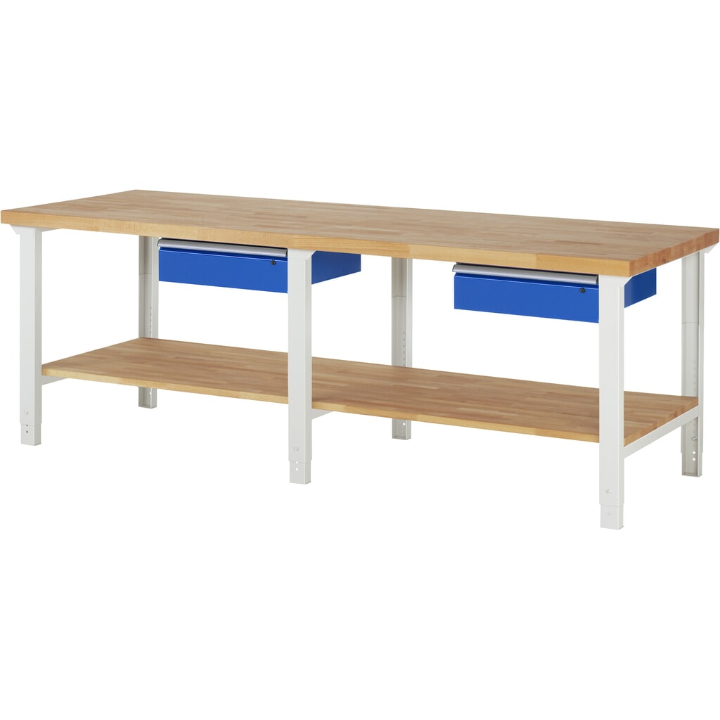 Obrázek produktu: Pracovní stůl RAU řady 7000, V×Š×H 790-1140 2500 × 900 mm, dole odkládací police, 2 zásuvky
