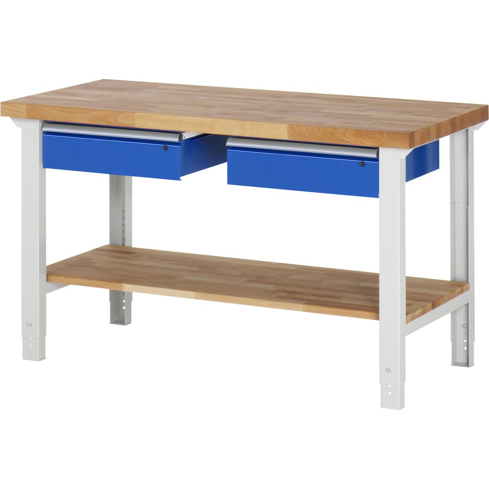 Číslo obrázku produktu 1: Pracovní stůl RAU řada 7000, 1 odkládací police z bukového masivu, VxŠxH 790-1140 x 1500 x 700 mm, 2 zásuvky 2 x 150 mm