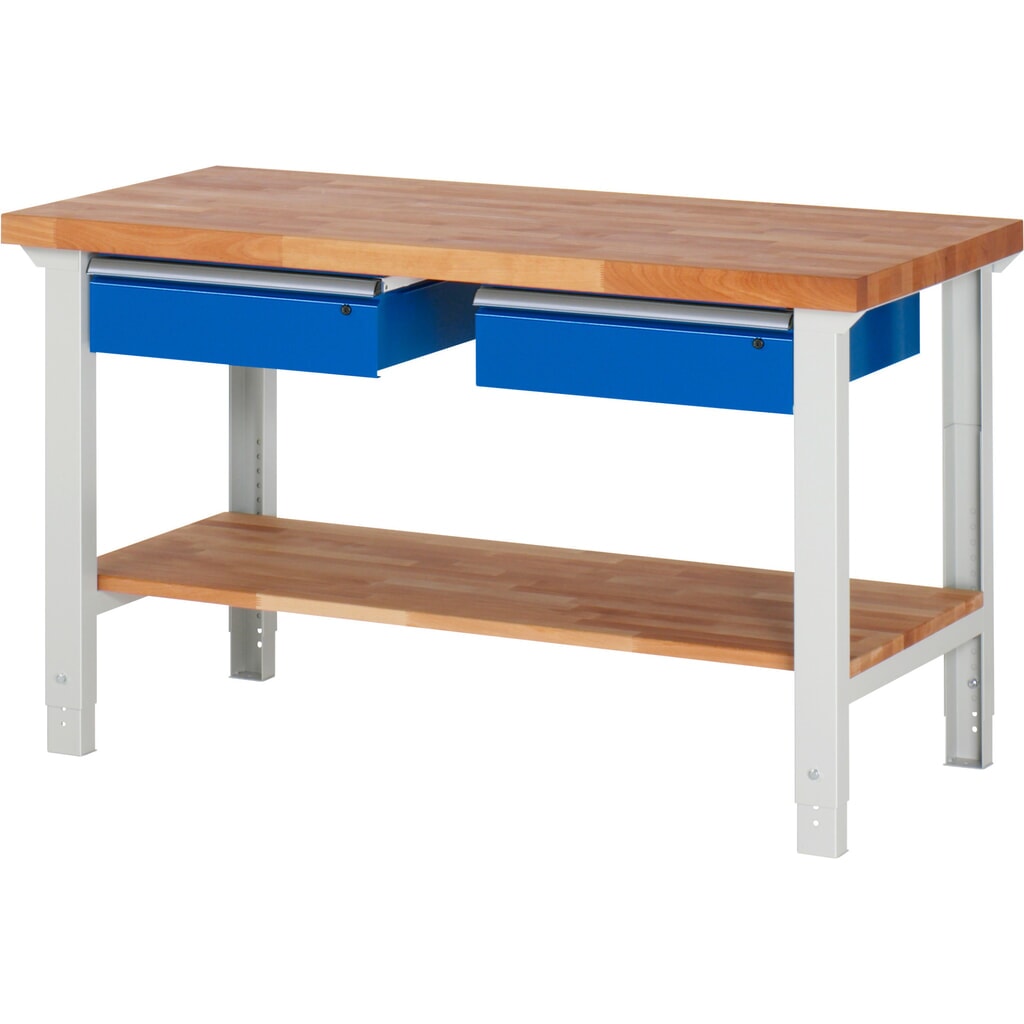 Pracovní stůl RAU řada 7000, 1 odkládací police z bukového masivu, VxŠxH 790-1140 x 1500 x 700 mm, 2 zásuvky 2 x 150 mm Obrázek produktu: Pracovní stůl RAU řada 7000, 1 odkládací police z bukového masivu, VxŠxH 790-1140 x 1500 x 700 mm, 2 zásuvky 2 x 150 mm