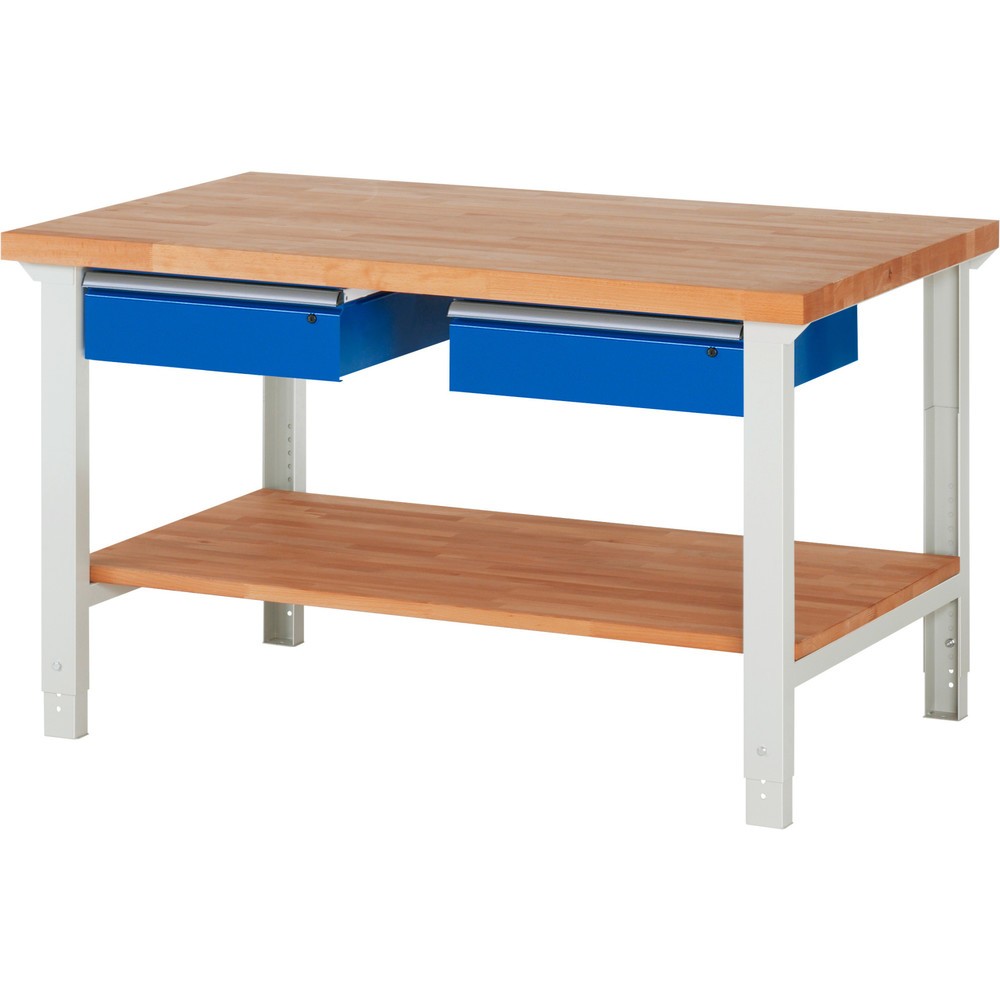 Pracovní stůl RAU řada 7000, 1 odkládací police z bukového masivu, VxŠxH 790-1140 x 1500 x 900 mm, 2 zásuvky 2 x 150 mm Číslo obrázku produktu 1: Pracovní stůl RAU řada 7000, 1 odkládací police z bukového masivu, VxŠxH 790-1140 x 1500 x 900 mm, 2 zásuvky 2 x 150 mm