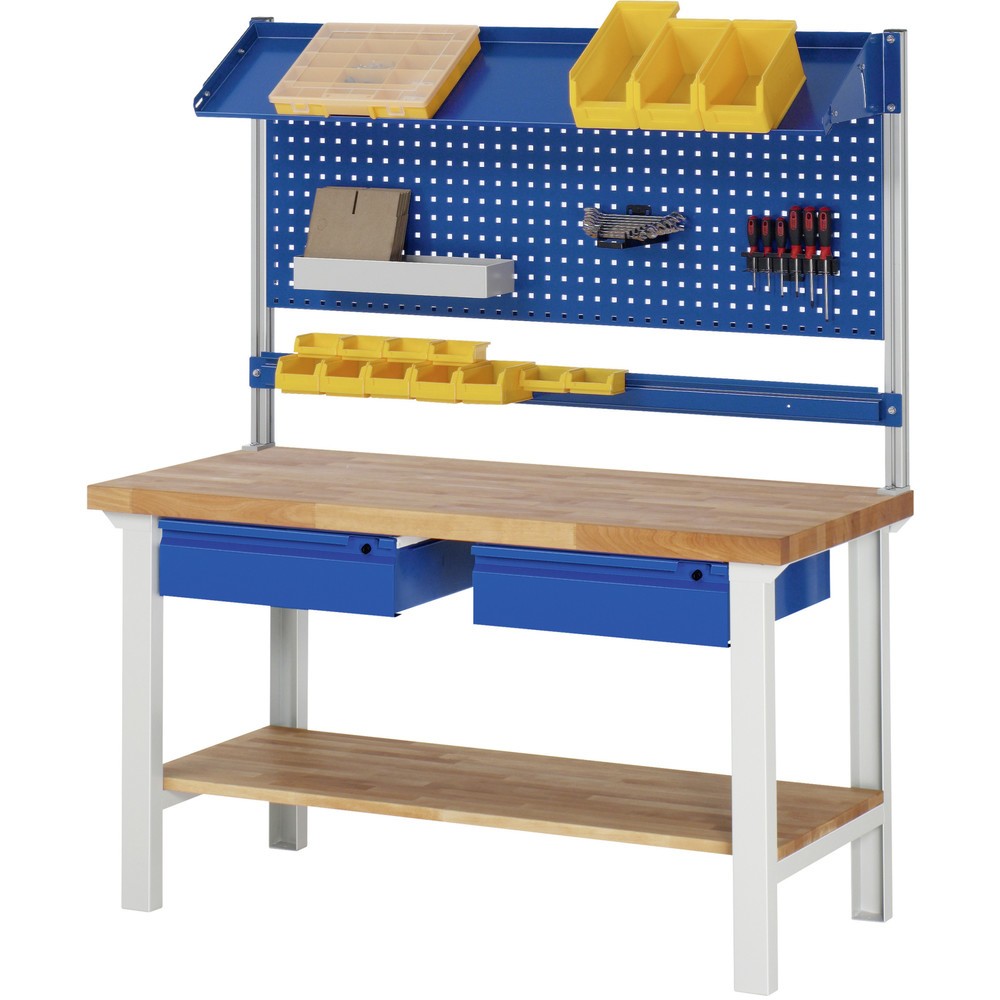 Číslo obrázku produktu 5: Pracovní stůl RAU řada 7000, 1 odkládací police z bukového masivu, VxŠxH 790-1140 x 1500 x 700 mm, 2 zásuvky 2 x 150 mm