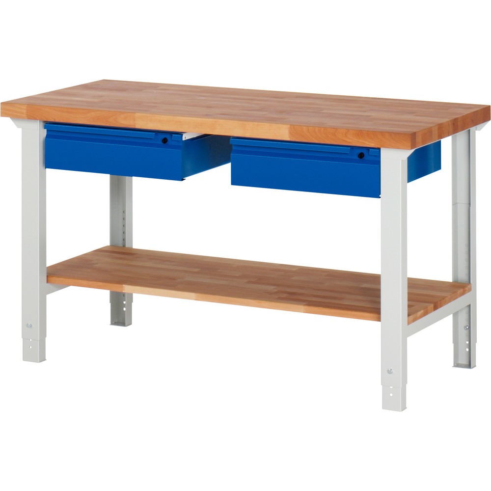 Číslo obrázku produktu 1: Pracovní stůl RAU řada 7000, 1 odkládací police z bukového masivu, VxŠxH 790-1140 x 1500 x 700 mm, 2 zásuvky 2 x 150 mm