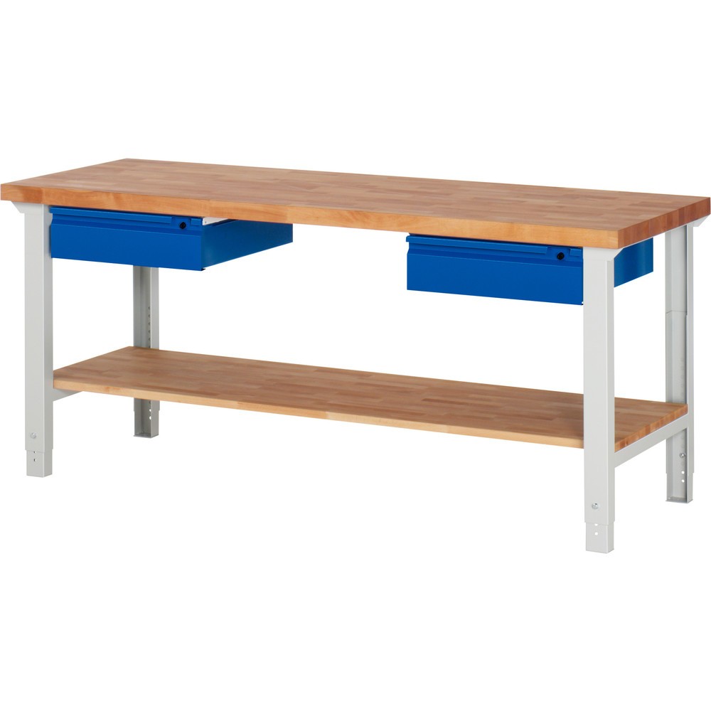 Číslo obrázku produktu 1: Pracovní stůl RAU řada 7000, 1 odkládací police z bukového masivu, VxŠxH 790-1140 x 2000 x 700 mm, 2 zásuvky 2 x 150 mm