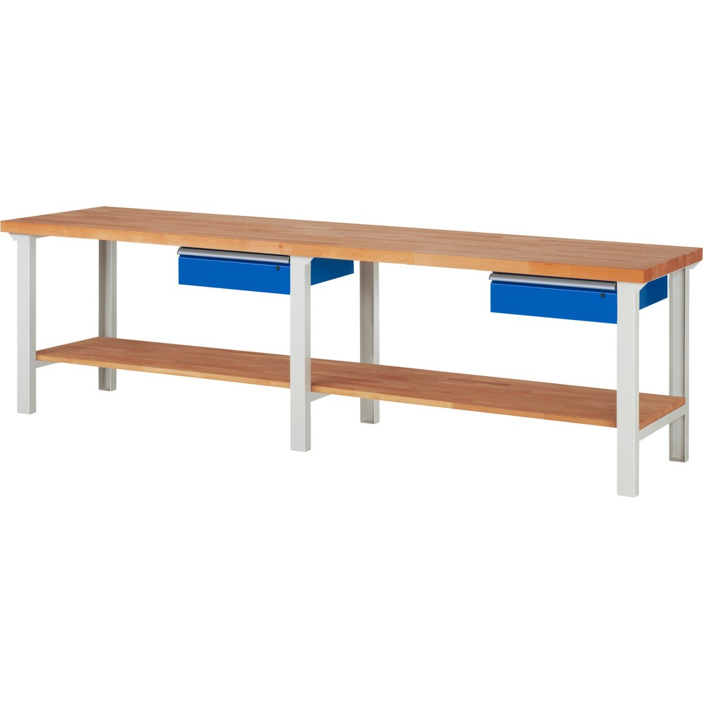 Obrázek produktu: Pracovní stůl RAU řada 7000, 1 odkládací police z bukového masivu, VxŠxH 840 x 3000 x 700 mm, 2 zásuvky 2 x 150 mm