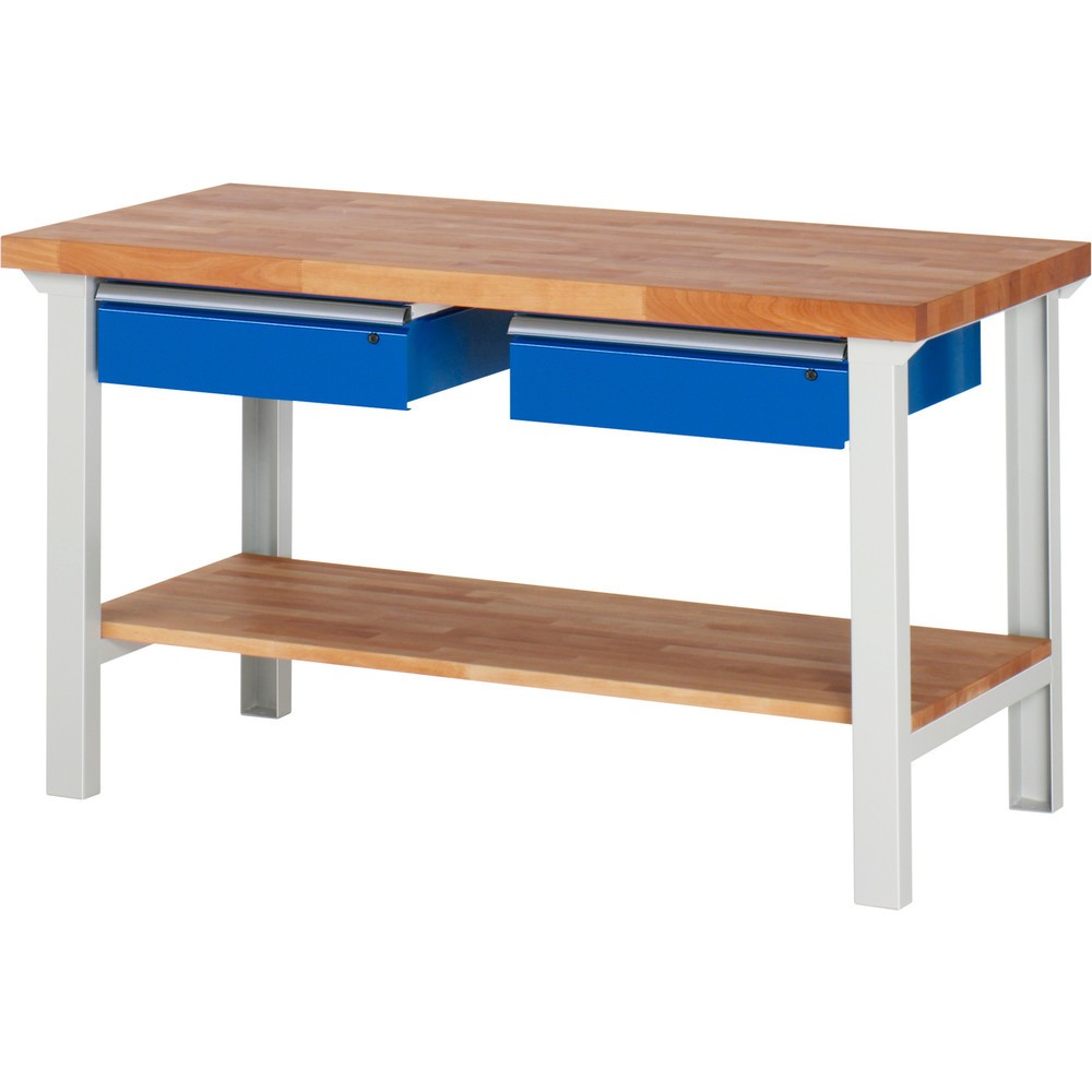 Číslo obrázku produktu 1: Pracovní stůl RAU řada 7000, 1 odkládací police z bukového masivu, VxŠxH 840 x 1500 x 700 mm, 2 zásuvky 2 x 150 mm