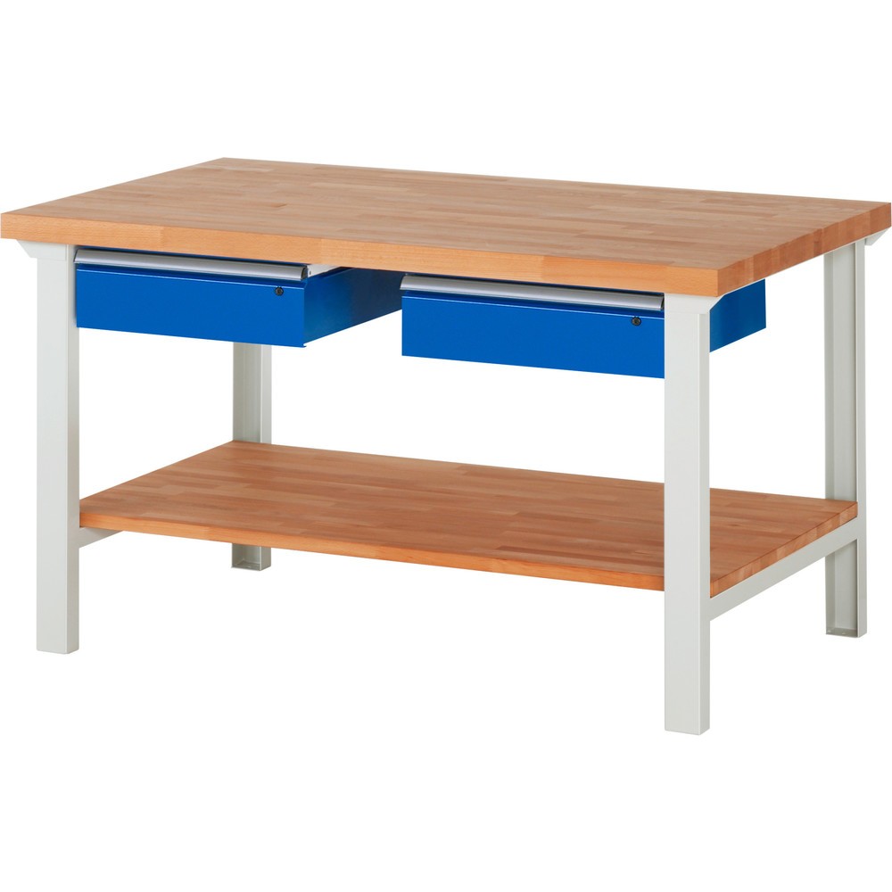 Číslo obrázku produktu 1: Pracovní stůl RAU řada 7000, 1 odkládací police z bukového masivu, VxŠxH 840 x 1500 x 900 mm, 2 zásuvky 2 x 150 mm