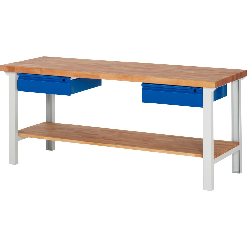 Obrázek produktu: Pracovní stůl RAU řada 7000, 1 odkládací police z bukového masivu, VxŠxH 840 x 2000 x 700 mm, 2 zásuvky 2 x 150 mm