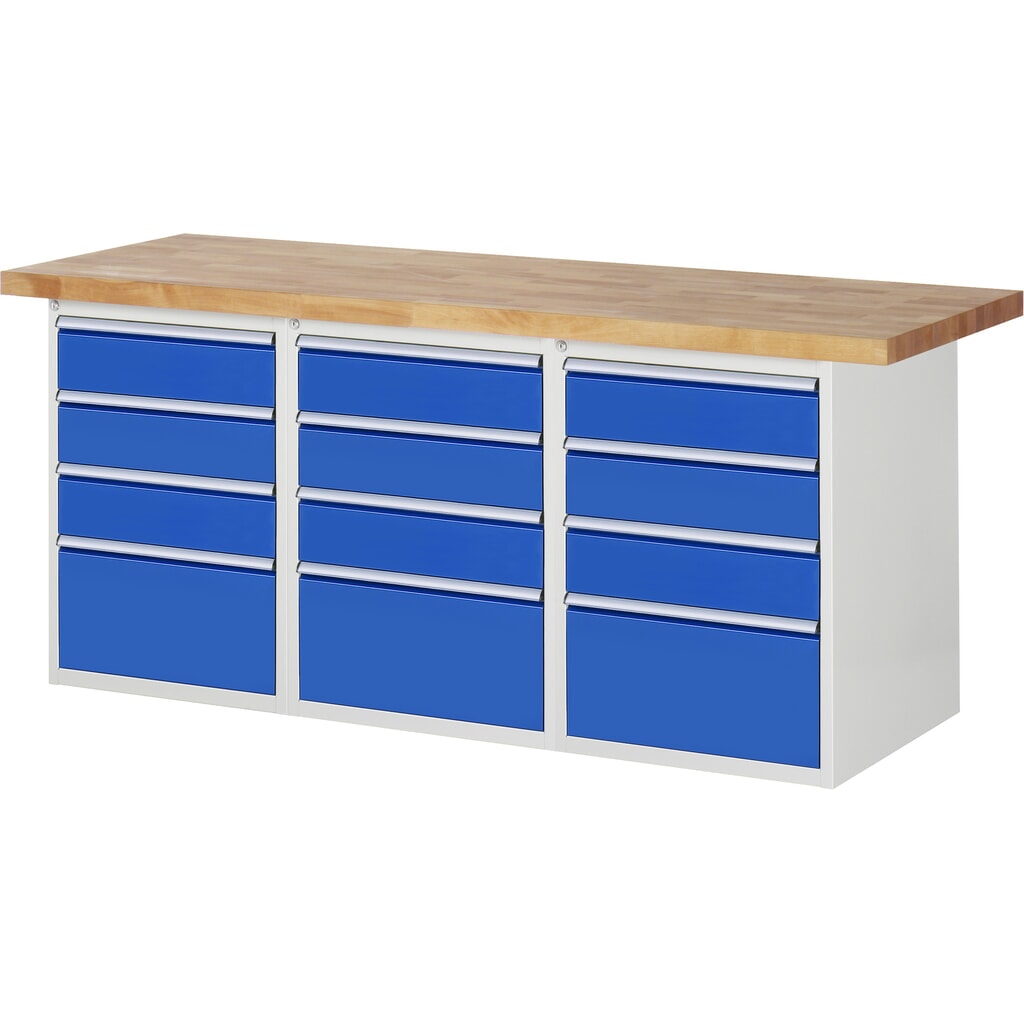 Číslo obrázku produktu 1: Pracovní stůl RAU, řada 7000, V×Š×H 890 × 2000 × 700 mm, 3 spodní kontejnery, každý se 4 zásuvkami