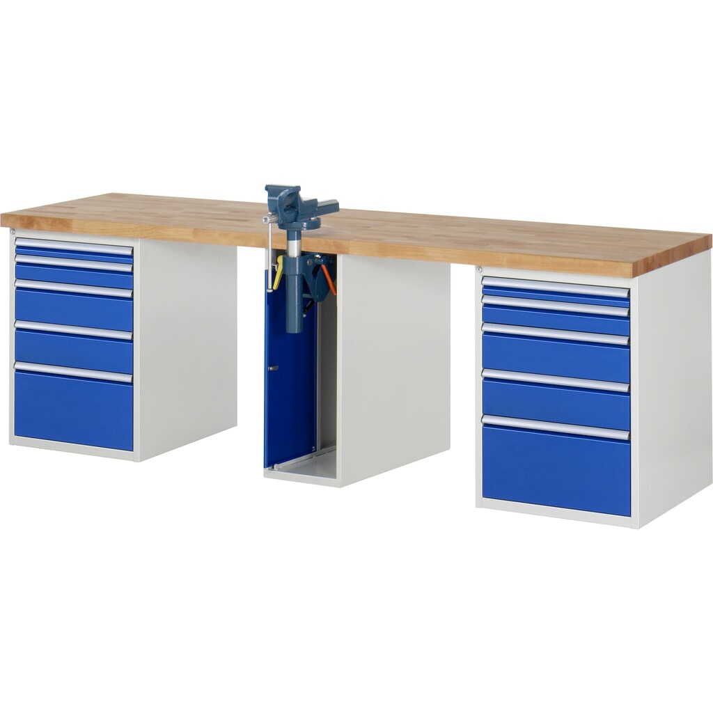 Pracovní stůl RAU, řada 7000, V׊×H 890 × 2500 × 700 mm, 2 spodní kontejnery, každý s 5 zásuvkami a zapouštěný svěrák uprostřed Obrázek produktu: Pracovní stůl RAU, řada 7000, V׊×H 890 × 2500 × 700 mm, 2 spodní kontejnery, každý s 5 zásuvkami a zapouštěný svěrák uprostřed