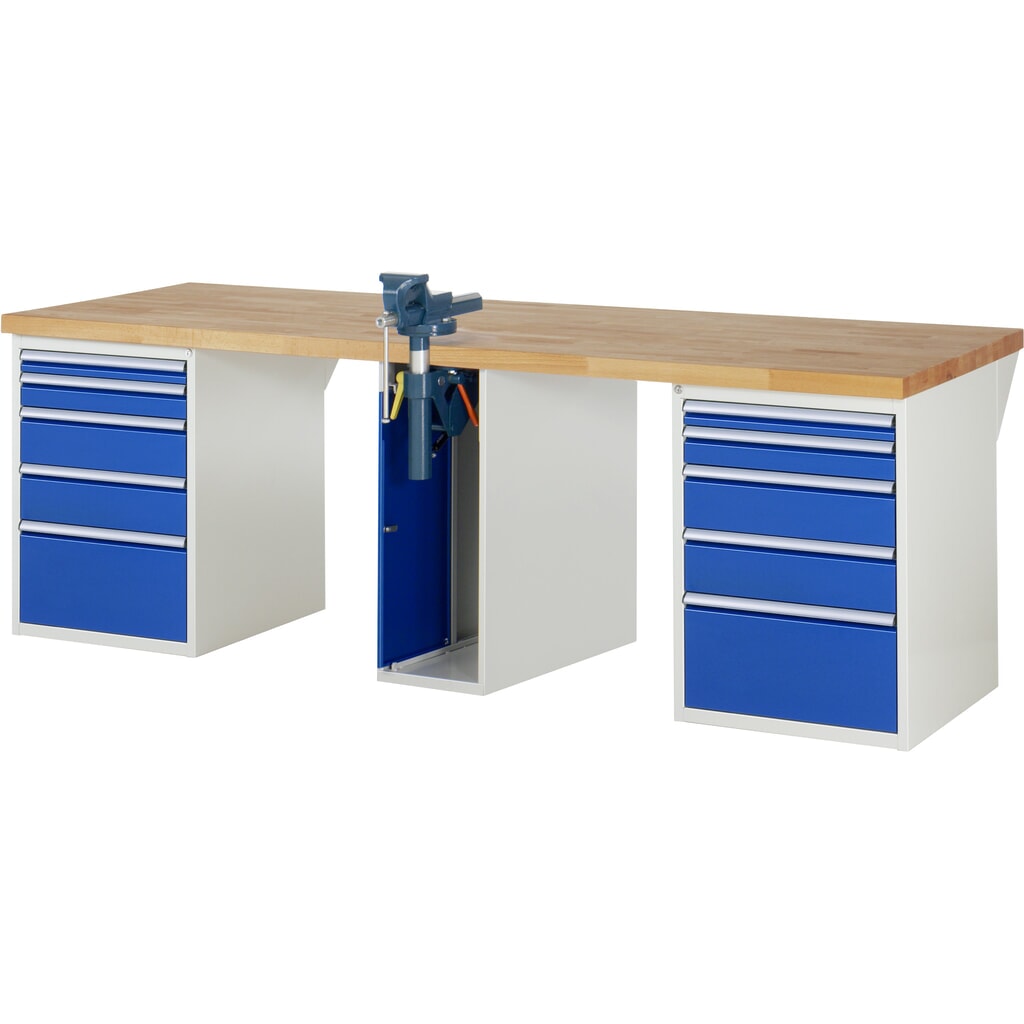 Pracovní stůl RAU, řada 7000, V׊×H 890 × 2500 × 900 mm, 2 spodní kontejnery, každý s 5 zásuvkami a zapouštěný svěrák uprostřed Obrázek produktu: Pracovní stůl RAU, řada 7000, V׊×H 890 × 2500 × 900 mm, 2 spodní kontejnery, každý s 5 zásuvkami a zapouštěný svěrák uprostřed
