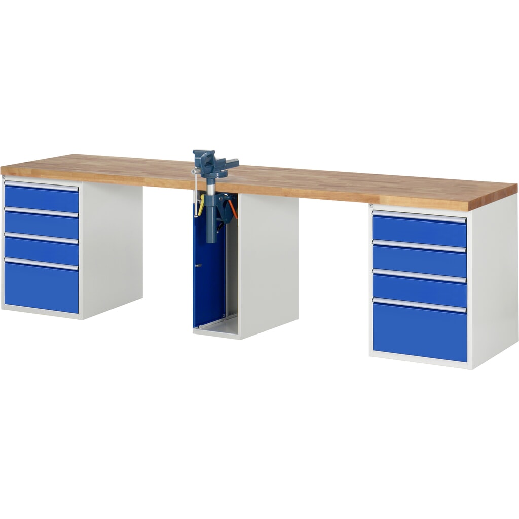 Pracovní stůl RAU, řada 7000, V׊×H 890 × 3000 × 700 mm, 2 spodní kontejnery, každý s 5 zásuvkami a zapouštěný svěrák uprostřed Obrázek produktu: Pracovní stůl RAU, řada 7000, V׊×H 890 × 3000 × 700 mm, 2 spodní kontejnery, každý s 5 zásuvkami a zapouštěný svěrák uprostřed