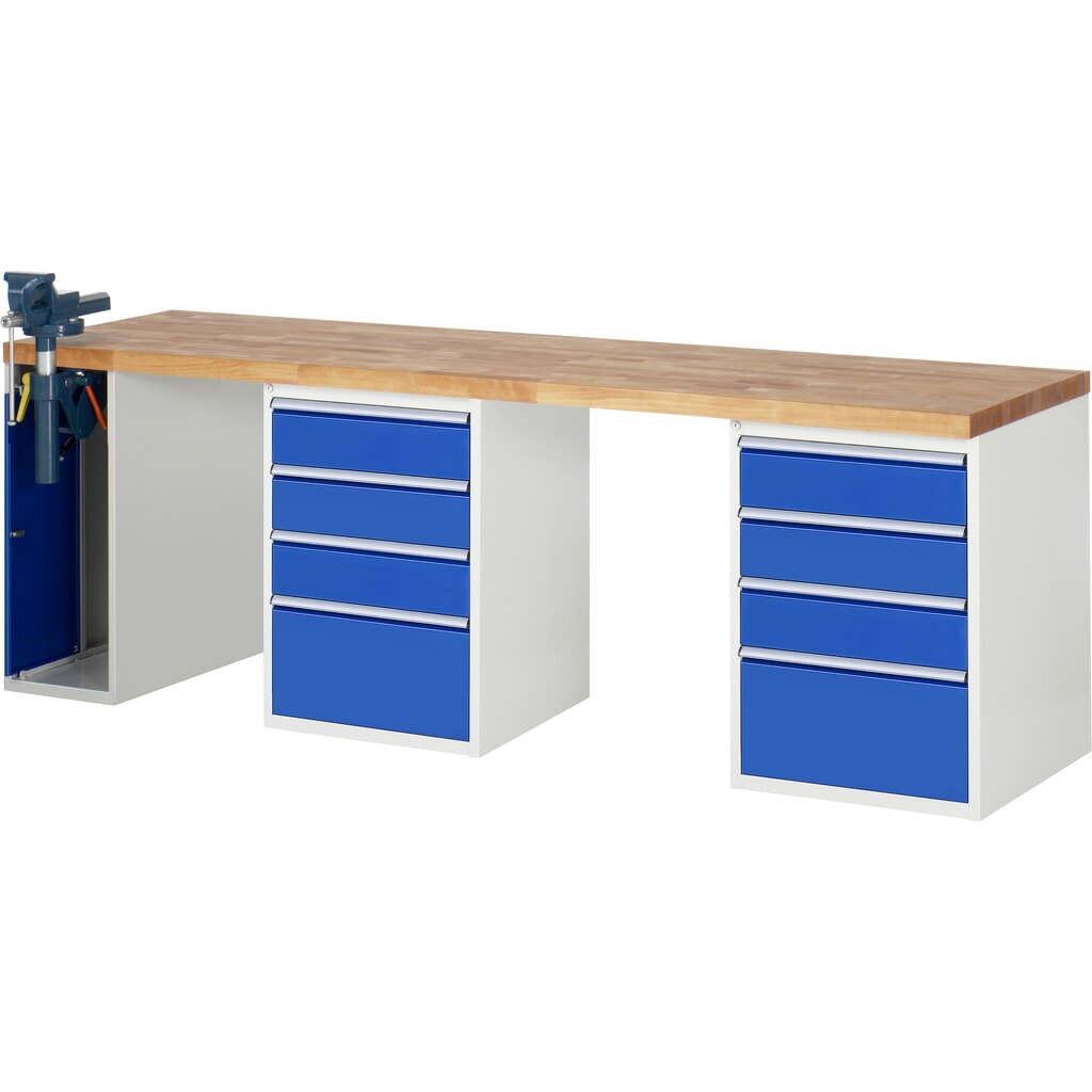 Pracovní stůl RAU, řada 7000, V׊×H 890 × 2500 × 700 mm, 2 spodní kontejner, 4 zásuvky a zapouštěný svěrák vlevo Obrázek produktu: Pracovní stůl RAU, řada 7000, V׊×H 890 × 2500 × 700 mm, 2 spodní kontejner, 4 zásuvky a zapouštěný svěrák vlevo