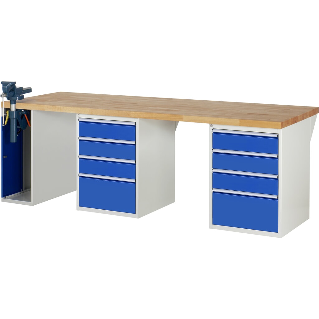 Pracovní stůl RAU, řada 7000, V׊×H 890 × 2500 × 900 mm, 2 spodní kontejnery, 4 zásuvky a zapouštěný svěrák vlevo Obrázek produktu: Pracovní stůl RAU, řada 7000, V׊×H 890 × 2500 × 900 mm, 2 spodní kontejnery, 4 zásuvky a zapouštěný svěrák vlevo