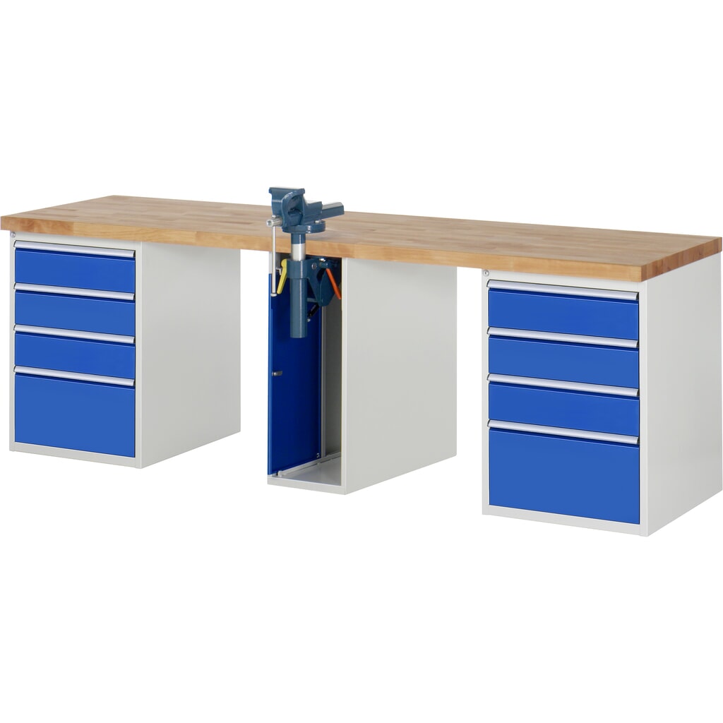 Pracovní stůl RAU řada 7000, 3 kontejnery, VxŠxH 840 x 2500 x 700 mm, 8x zásuvka s výsuvem 90 %, 6 x 150 mm, 2 x 270 mm Obrázek produktu: Pracovní stůl RAU řada 7000, 3 kontejnery, VxŠxH 840 x 2500 x 700 mm, 8x zásuvka s výsuvem 90 %, 6 x 150 mm, 2 x 270 mm