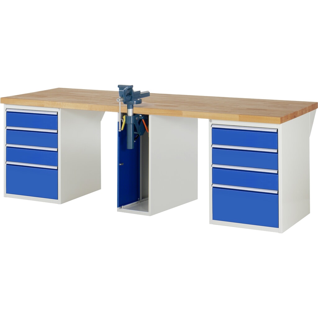 Pracovní stůl RAU, řada 7000, V׊×H 890 × 2500 × 900 mm, 2 spodní kontejnery, každý se 4 zásuvkami a zapouštěný svěrák uprostřed Obrázek produktu: Pracovní stůl RAU, řada 7000, V׊×H 890 × 2500 × 900 mm, 2 spodní kontejnery, každý se 4 zásuvkami a zapouštěný svěrák uprostřed