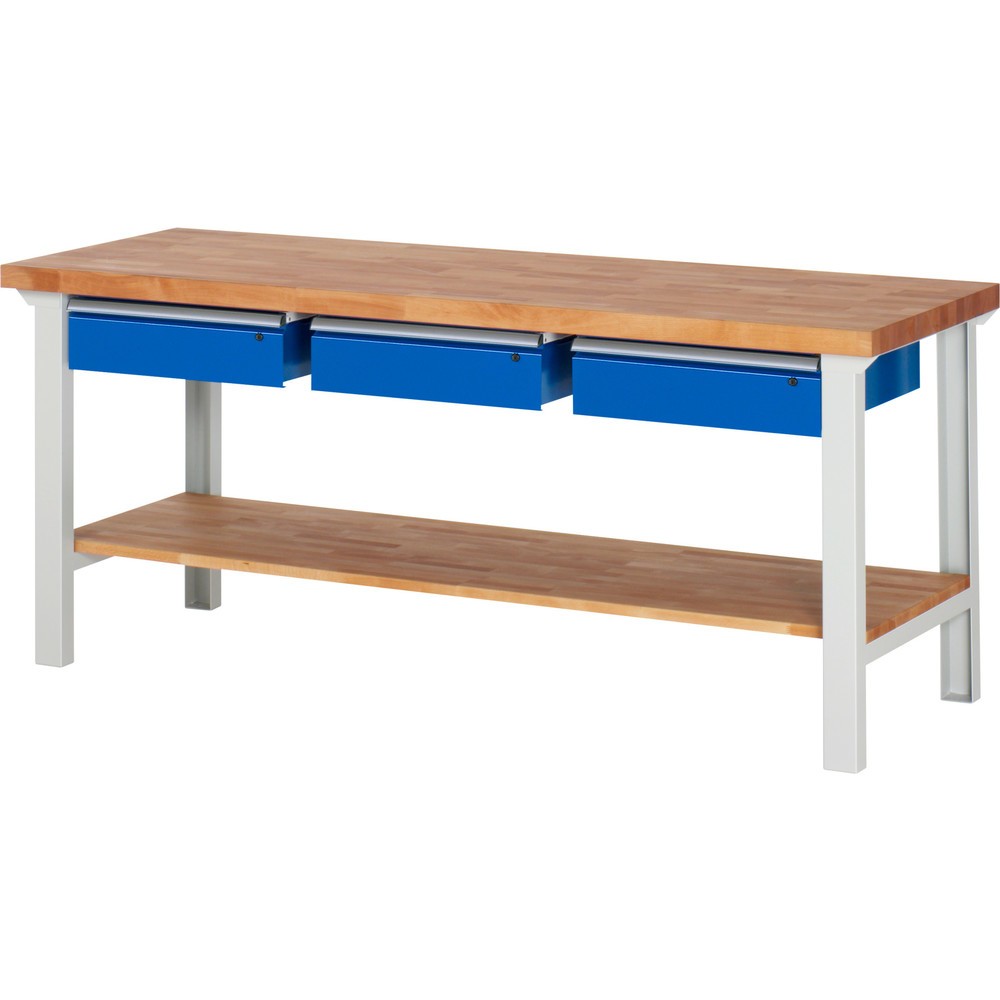 Číslo obrázku produktu 1: Pracovní stůl RAU řada 7000, 1 odkládací police z bukového masivu, VxŠxH 840 x 2000 x 700 mm, 3 zásuvky 3 x 150 mm
