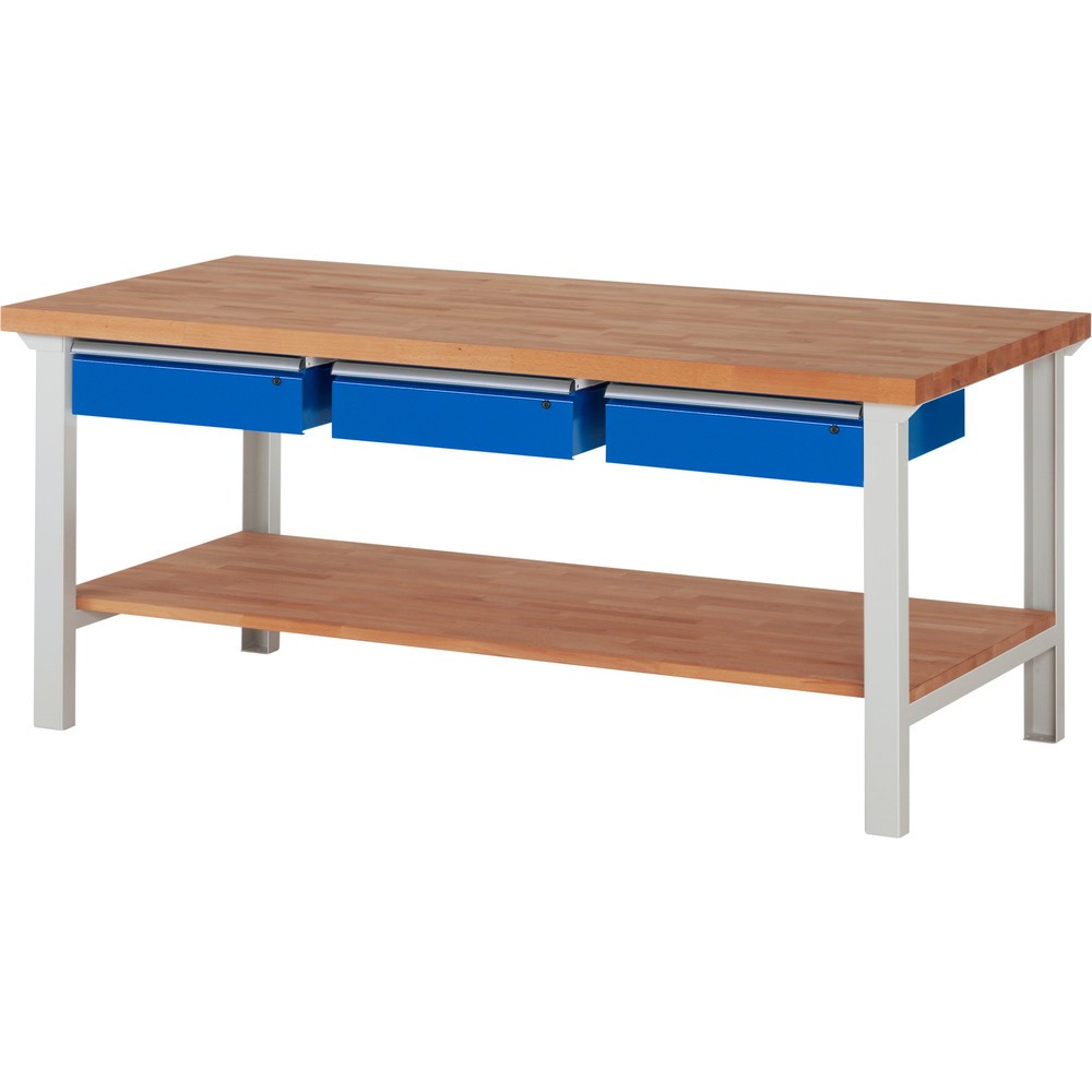Obrázek produktu: Pracovní stůl RAU řada 7000, 1 odkládací police z bukového masivu, VxŠxH 840 x 2000 x 900 mm, 3 zásuvky 3 x 150 mm