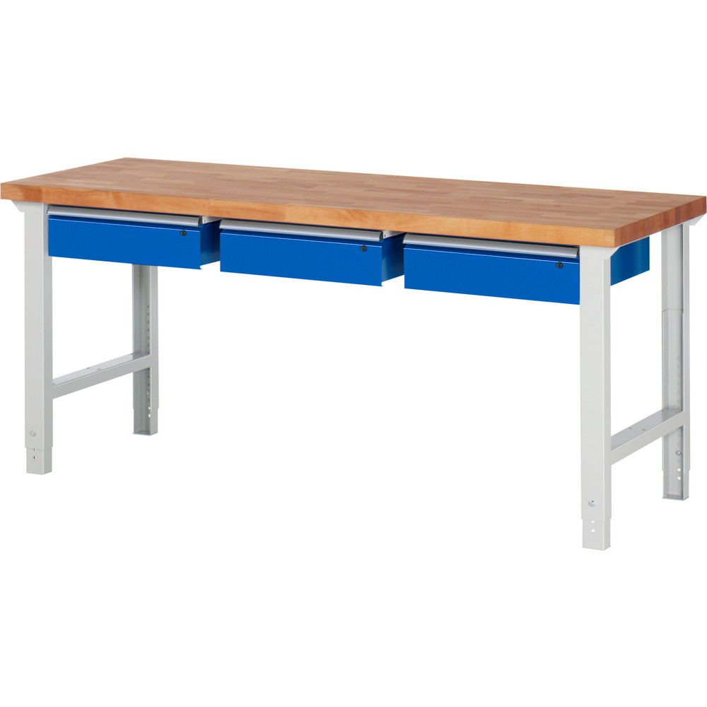 Číslo obrázku produktu 1: Pracovní stůl RAU řada 7000, VxŠxH 790-1140 x 2000 x 700 mm, 3 zásuvky 3 x 150 mm, nosnost zásuvky 50 kg