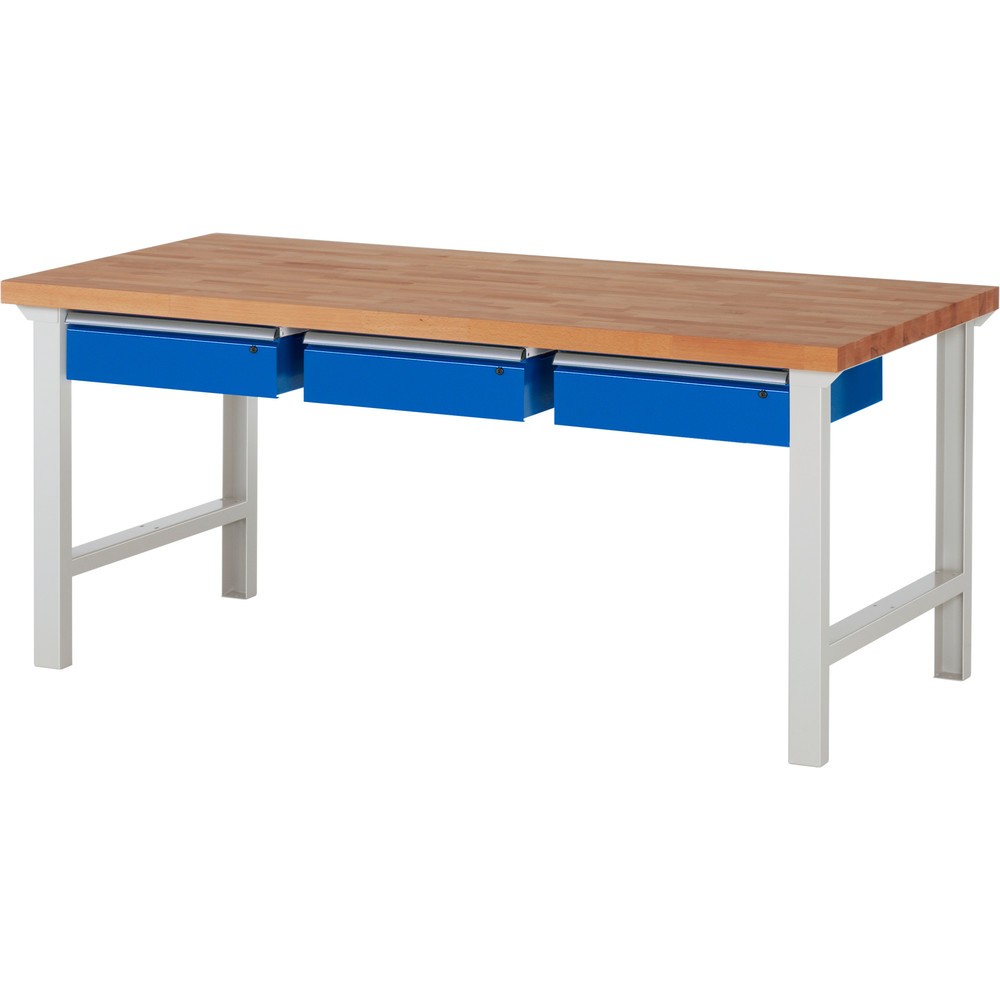 Číslo obrázku produktu 1: Pracovní stůl RAU řada 7000, VxŠxH 840 x 2000 x 900 mm, 3 zásuvky 3 x 150 mm, nosnost zásuvky 50 kg