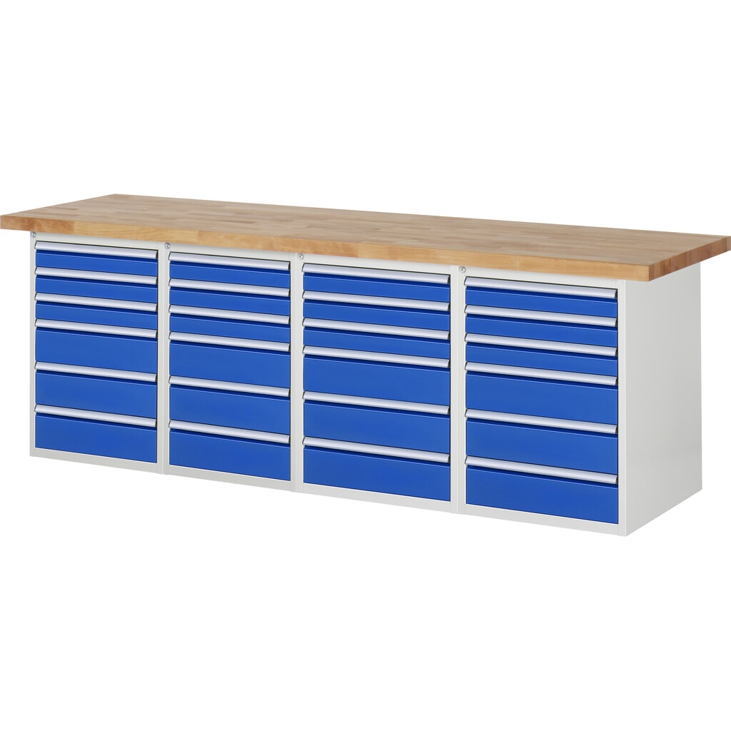 Pracovní stůl RAU řada 7000, 4 kontejnery, VxŠxH 840 x 2500 x 700 mm, 24x zásuvka, 12 x 90 mm, 12 x 150 mm Obrázek produktu: Pracovní stůl RAU řada 7000, 4 kontejnery, VxŠxH 840 x 2500 x 700 mm, 24x zásuvka, 12 x 90 mm, 12 x 150 mm