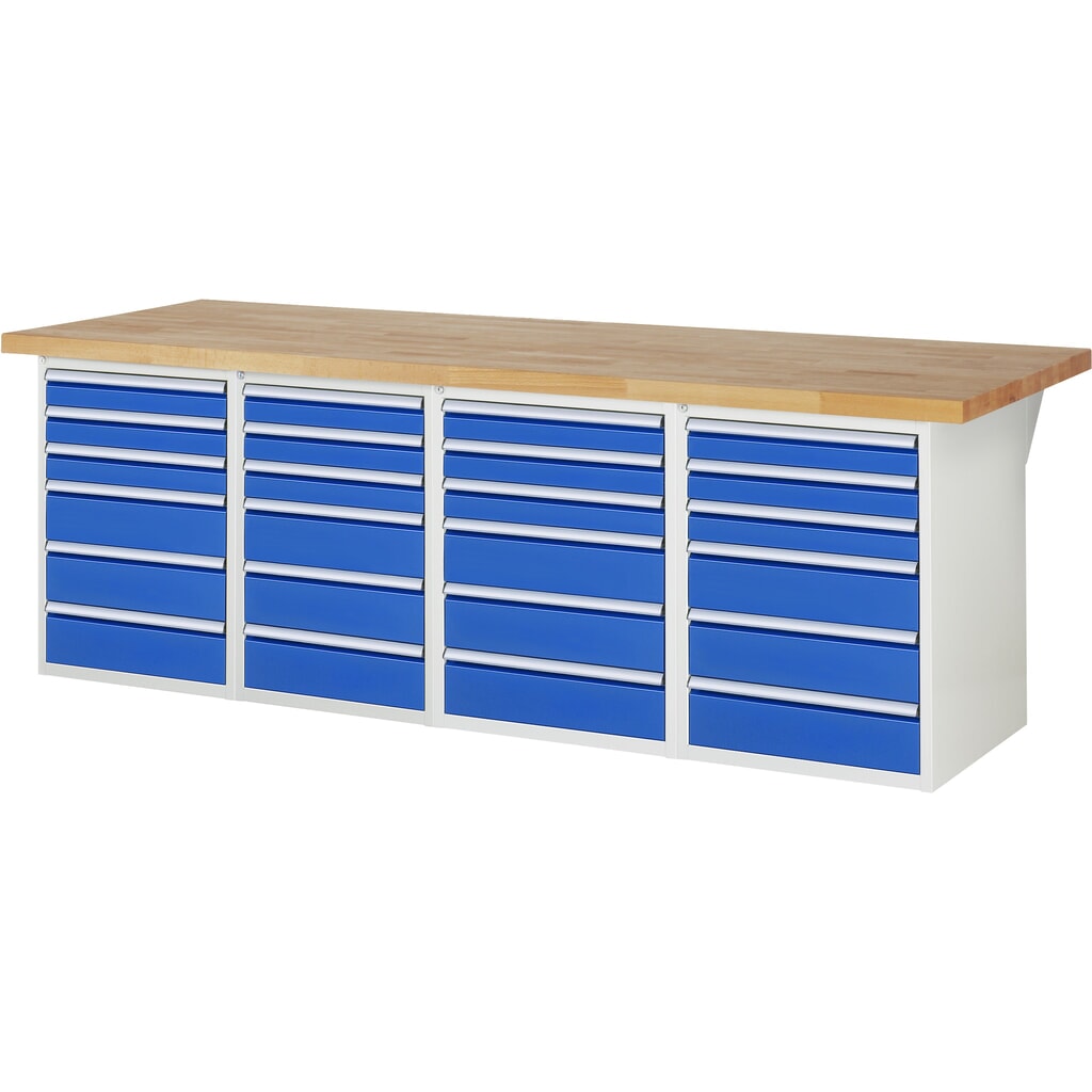 Pracovní stůl RAU, řada 7000, V׊×H 890 × 2500 × 900 mm, 4 spodní kontejnery, každý se 6 zásuvkami Obrázek produktu: Pracovní stůl RAU, řada 7000, V׊×H 890 × 2500 × 900 mm, 4 spodní kontejnery, každý se 6 zásuvkami