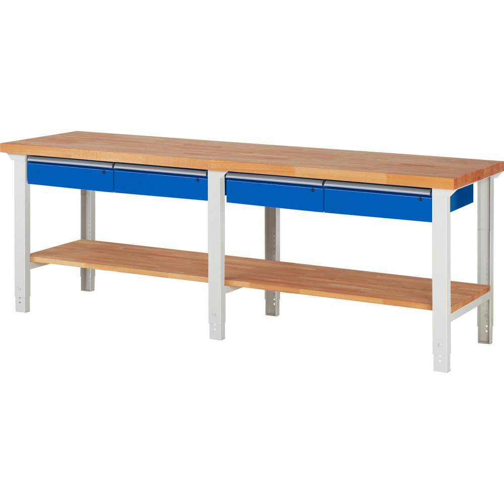 Číslo obrázku produktu 1: Pracovní stůl RAU řada 7000, 1 odkládací police z bukového masivu, VxŠxH 790-1140 x 2500 x 700 mm, 4 zásuvky 4 x 150 mm