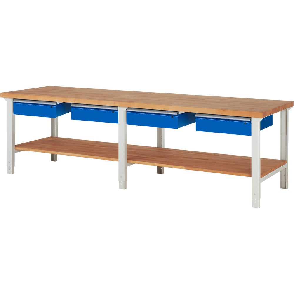 Číslo obrázku produktu 1: Pracovní stůl RAU řada 7000, 1 odkládací police z bukového masivu, VxŠxH 790-1140 x 3000 x 900 mm, 4 zásuvky 4 x 150 mm