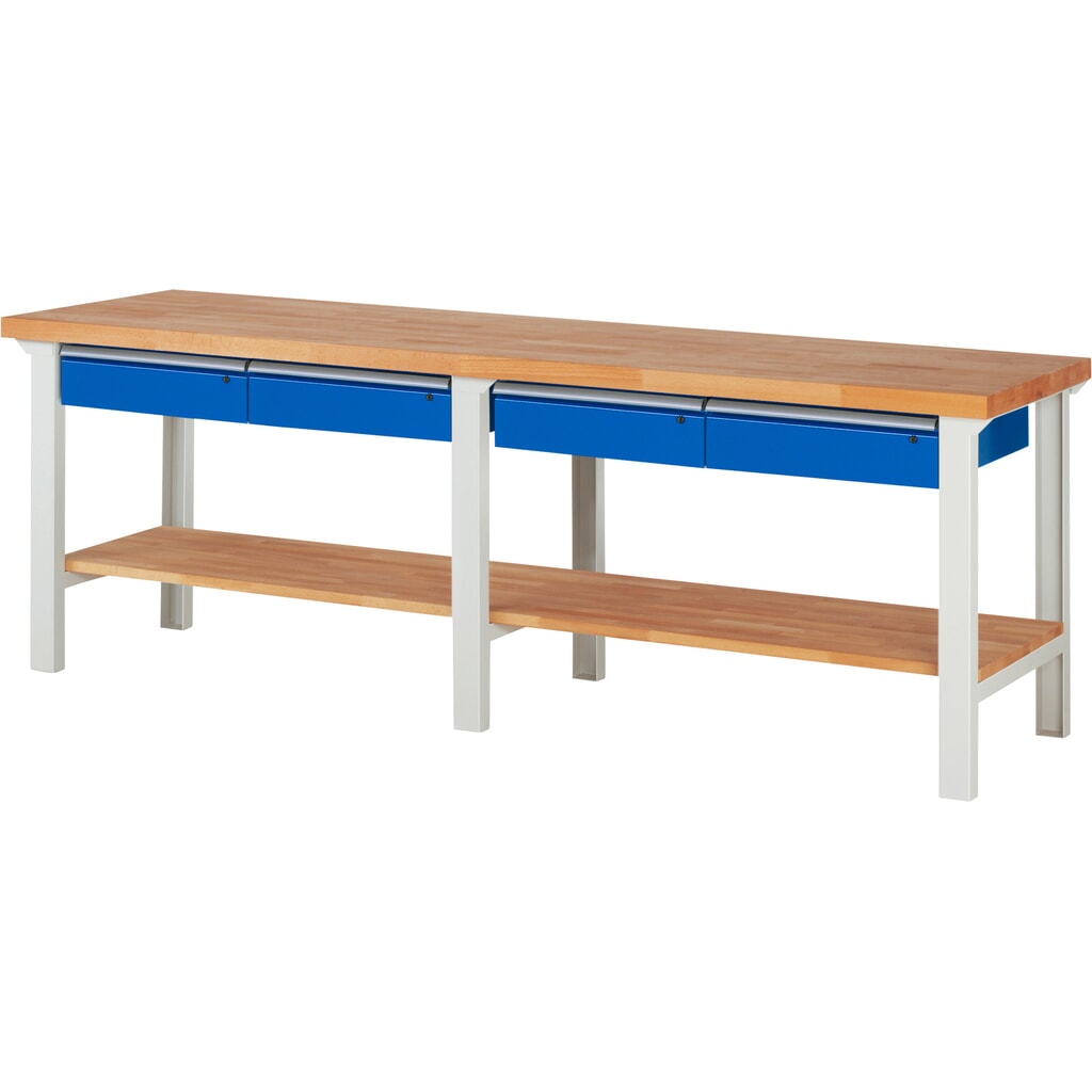 Pracovní stůl RAU řada 7000, 1 odkládací police z bukového masivu, VxŠxH 840 x 2500 x 700 mm, 4 zásuvky 4 x 150 mm Číslo obrázku produktu 1: Pracovní stůl RAU řada 7000, 1 odkládací police z bukového masivu, VxŠxH 840 x 2500 x 700 mm, 4 zásuvky 4 x 150 mm