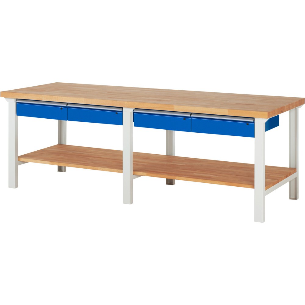 Číslo obrázku produktu 1: Pracovní stůl RAU řada 7000, 1 odkládací police z bukového masivu, VxŠxH 840 x 2500 x 900 mm, 4 zásuvky 4 x 150 mm