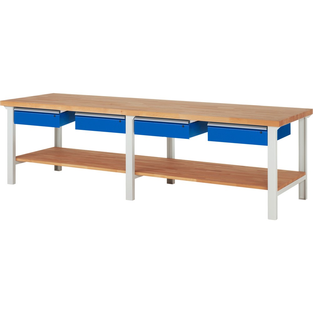 Obrázek produktu: Pracovní stůl RAU řada 7000, 1 odkládací police z bukového masivu, VxŠxH 840 x 3000 x 900 mm, 4 zásuvky 4 x 150 mm
