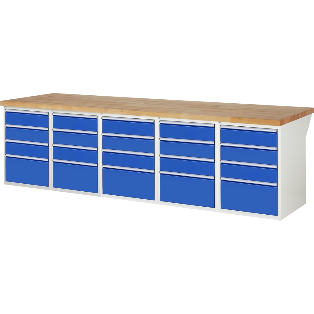 Pracovní stůl RAU, řada 7000, V׊×H 890 × 3000 × 900 mm, 5 spodních kontejnerů, každý s 5 zásuvkami Obrázek produktu: Pracovní stůl RAU, řada 7000, V׊×H 890 × 3000 × 900 mm, 5 spodních kontejnerů, každý s 5 zásuvkami